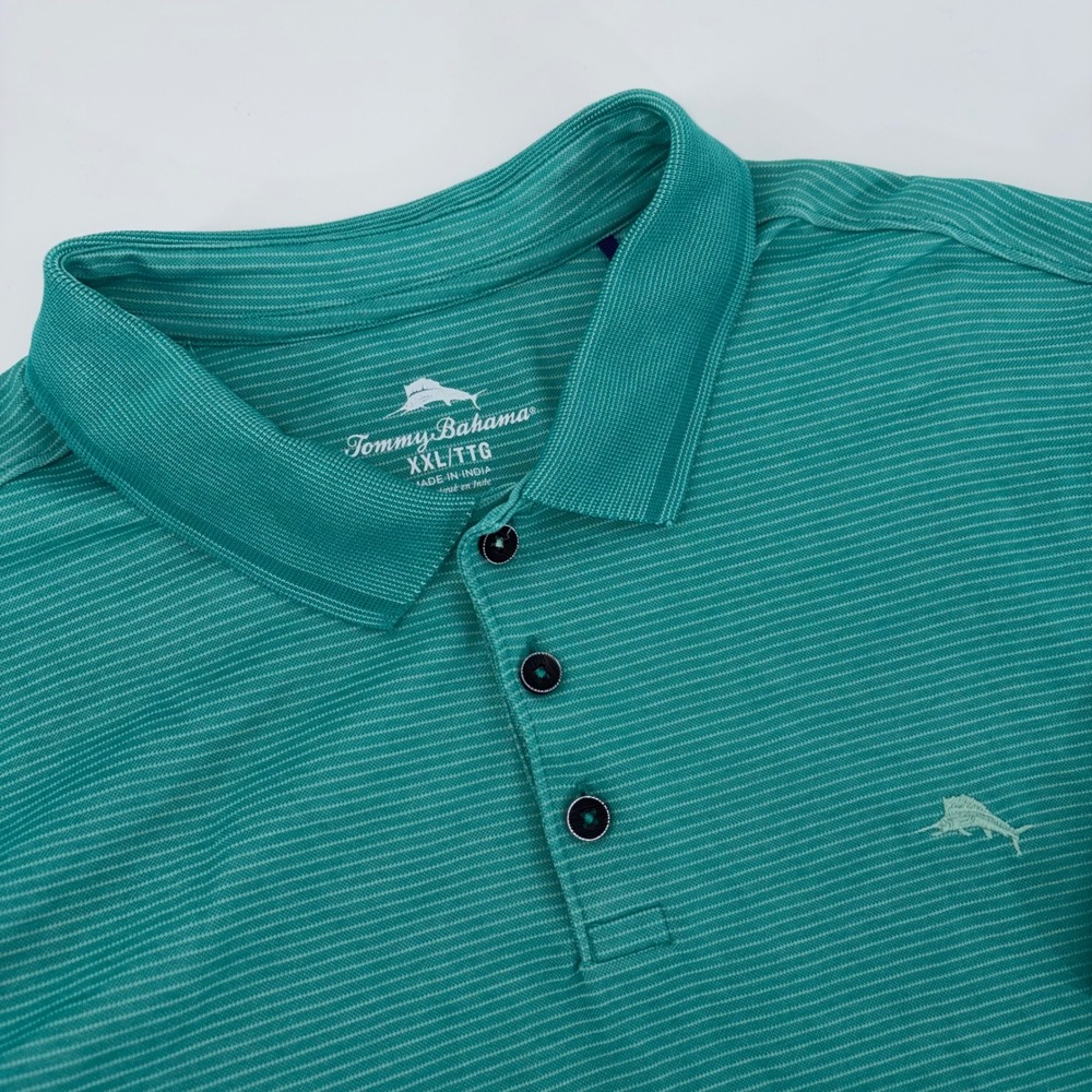 Tommy Bahama Mens XXL Teal‎ Green Striped Supima Cotton Blend Polo Shirt